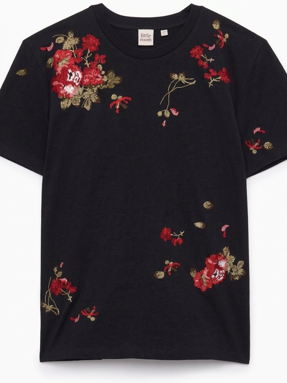 Little Moon| Aritzia| Cotton Black Tee with Red & Green Floral Embroidery Sz S